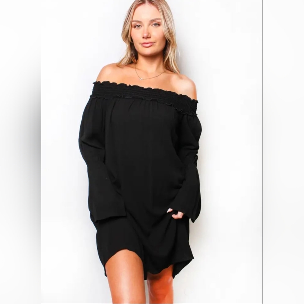 Long sleeve ruffle off the shoulder loose mini dress